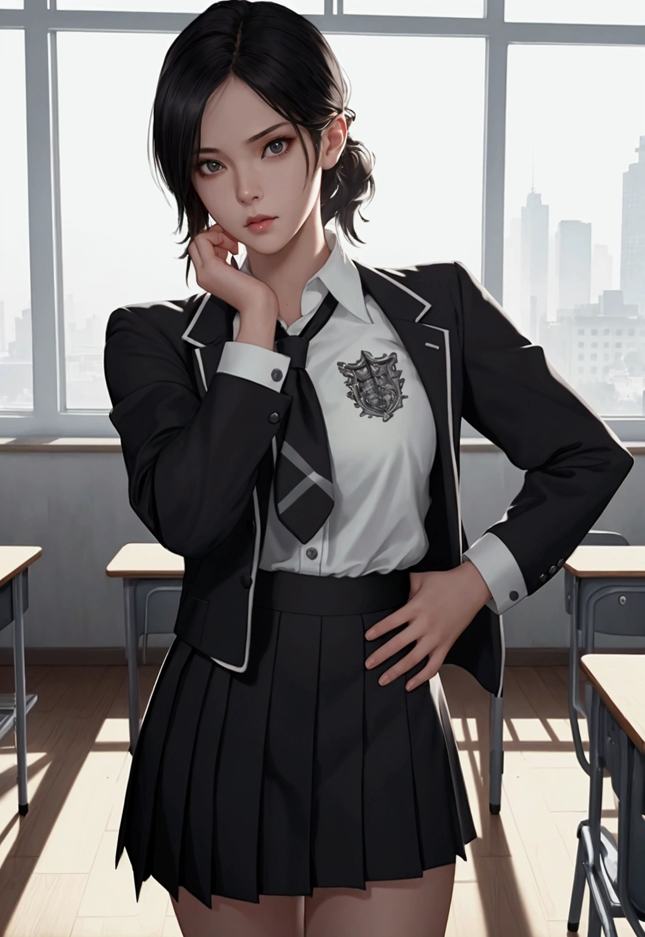 1girl, portrait of shot of re4ashley, athletic, black school uniform, white shirt, classroom, volumetric lighting, best quality, masterpiece, intricate details, tonemapping, sharp focus, hyper detailed, trending on Artstation, realistic,
