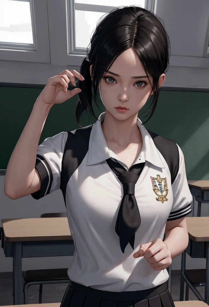 1girl, portrait of shot of re4ashley, athletic, black school uniform, white shirt, classroom, volumetric lighting, best quality, masterpiece, intricate details, tonemapping, sharp focus, hyper detailed, trending on Artstation, realistic,