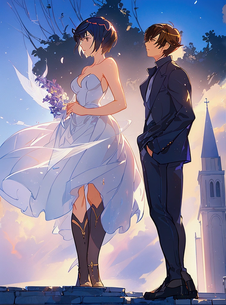 A man and a woman standing in front of the church, guweiz and Shinkai Makoto, ross tran and Shinkai Makoto, guweiz style artwork, in style of Shinkai Makoto, sakimichan and Shinkai Makoto, ( ( Shinkai Makoto ) ), author：Shinkai Makoto
