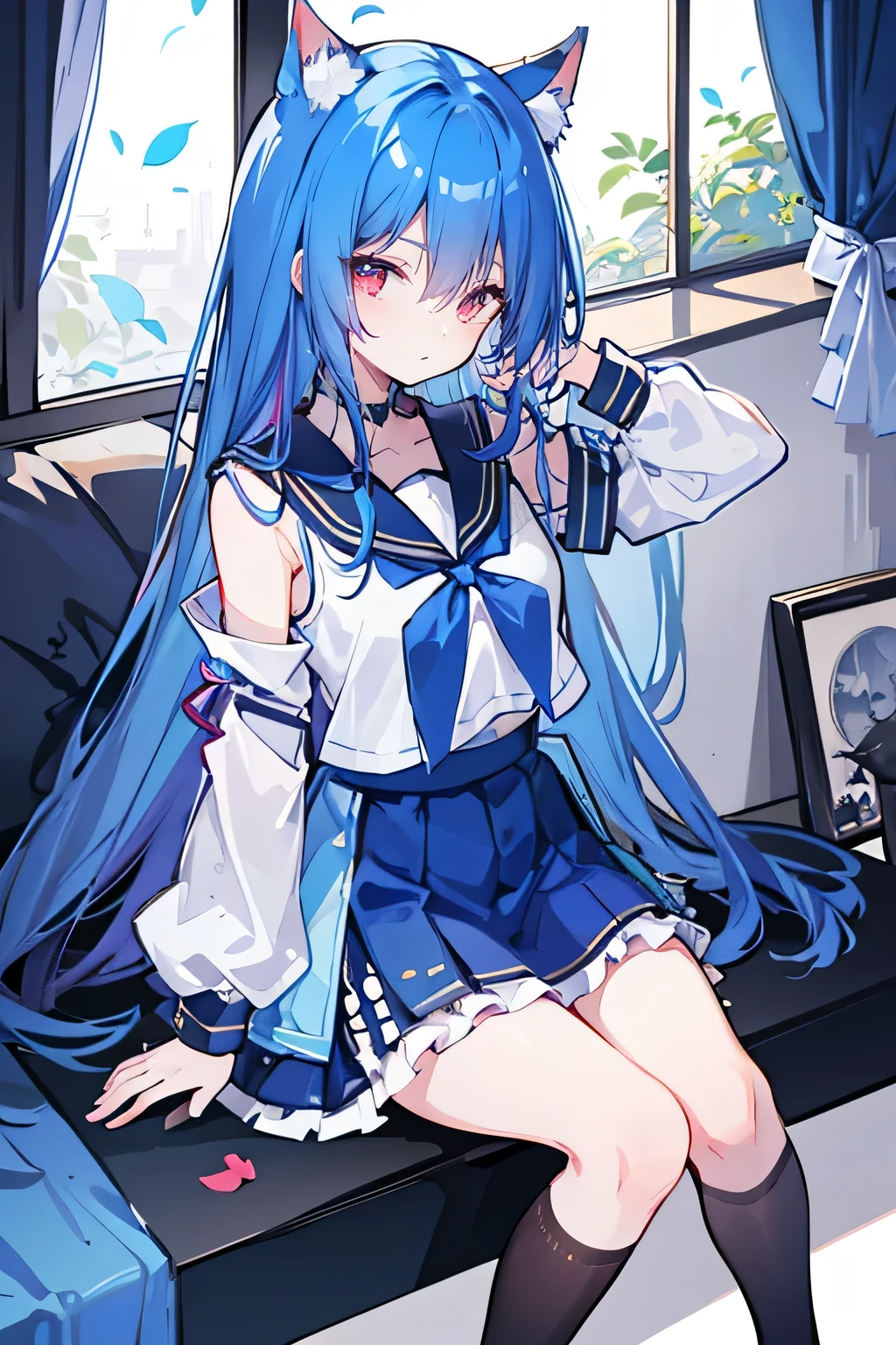 （masterpiece：1.2），Super detailed，lifelike，Expressive eyes，fair skin，perfect face shape，1 girl，
Japanese comics,Gorgeous blue hair,flowing blue hair,flowing clothes,Cat ears,Petals fall,beautiful lola,Baby Angel,
Broken hair curtain，A faint smile，Black and white sailor school uniform，cropped shoulder，Super good figure，Color hairpin，Put your hands on your chest，Raise your head slightly，Short skirt，Black stockings，sitting on window sill drinking coffee and looking out the window。