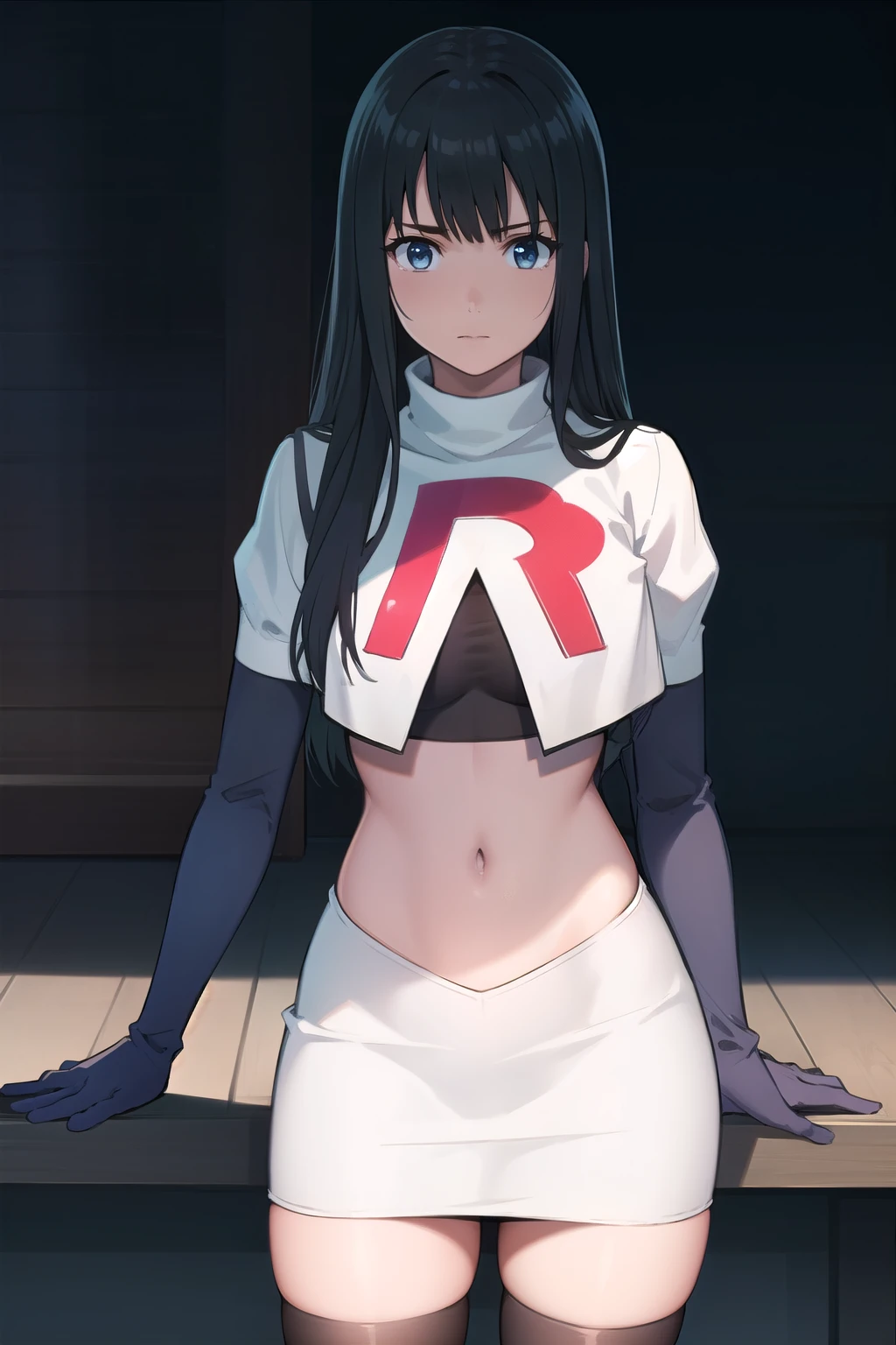 photorealistic, (4k), depth of field, (Masterpiece), (realistic skin texture), extremely detailed, intricate, hyper detailed, professional photography, bokeh, high resolution, sharp detail, best quality, girl, long hair, black hair, bangs, blue eyes, , team rocket,team rocket uniform,white skirt,red letter R,crop top,black thigh-highs,black elbow gloves