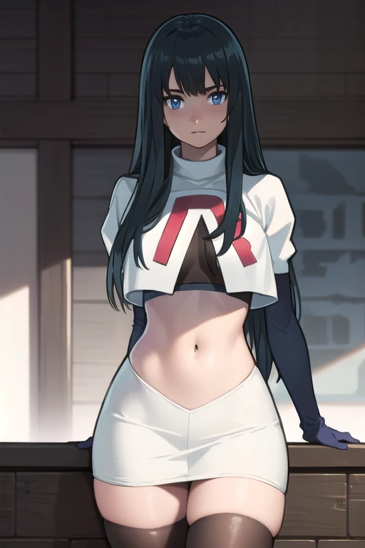 photorealistic, (4k), depth of field, (Masterpiece), (realistic skin texture), extremely detailed, intricate, hyper detailed, professional photography, bokeh, high resolution, sharp detail, best quality, girl, long hair, black hair, bangs, blue eyes, , team rocket,team rocket uniform,white skirt,red letter R,crop top,black thigh-highs,black elbow gloves