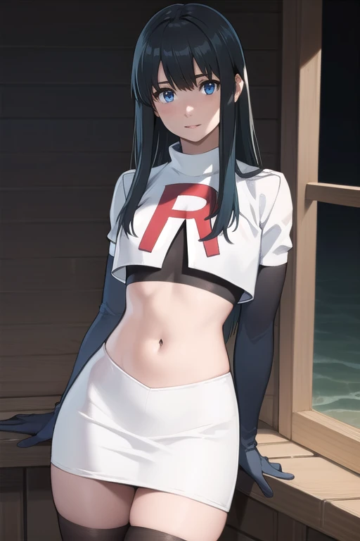 photorealistic, (4k), depth of field, (Masterpiece), (realistic skin texture), extremely detailed, intricate, hyper detailed, professional photography, bokeh, high resolution, sharp detail, best quality, girl, long hair, black hair, bangs, blue eyes, , team rocket,team rocket uniform,white skirt,red letter R,crop top,black thigh-highs,black elbow gloves