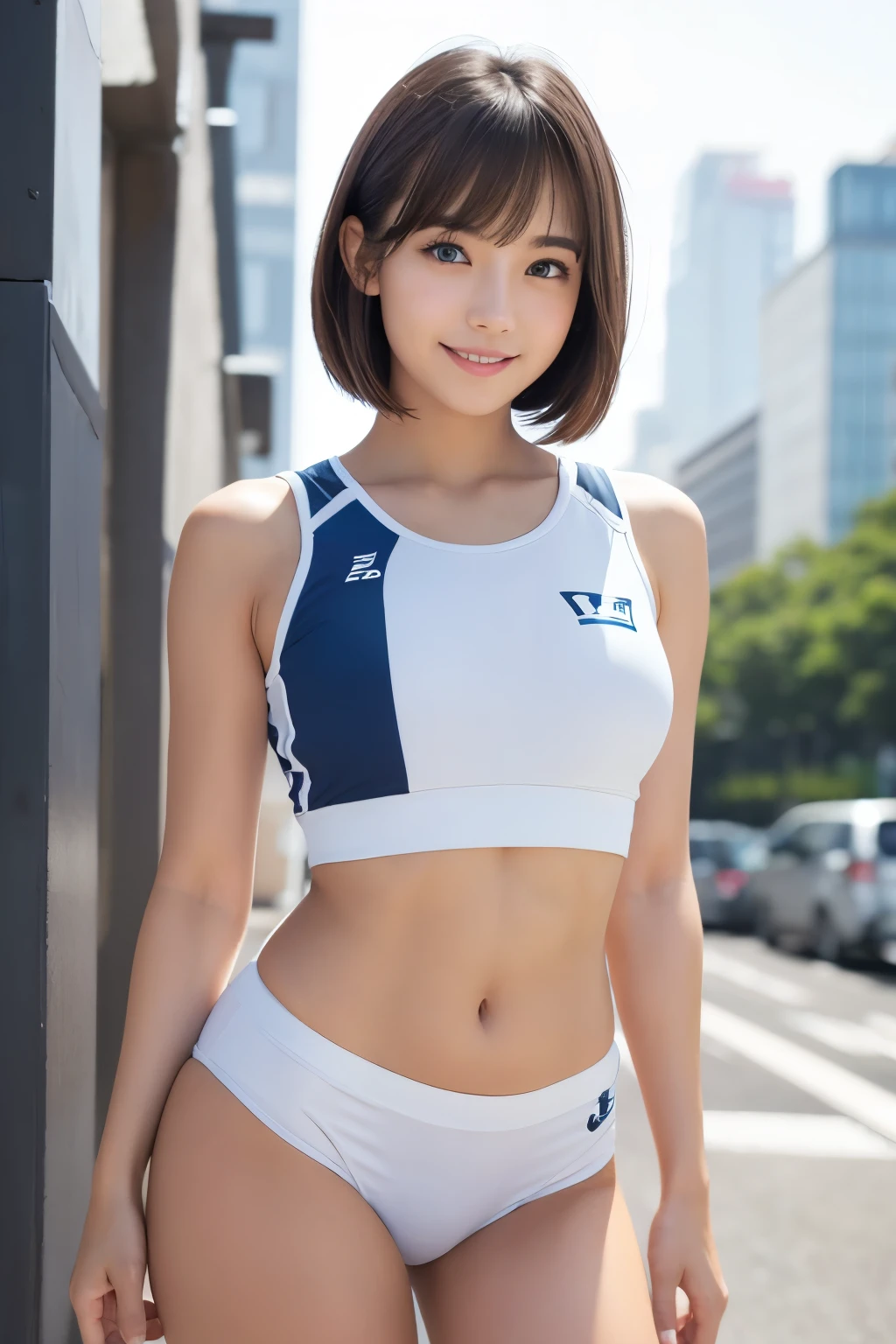 Before the start of track and field sprinting、(White uniform for athletics)、{Exposed tank top、Wearing high-leg bloomers}、(abdomen exposure)a closeup、cosplay foto、Anime Cosplay、middlebreasts、Raw photography, top-quality, hight resolution, (masterpiece), (Photorealsitic:1.4), professional photograpy, foco nítido, nffsw, 8K分辨率, intricate detailes, depth of fields, extremely detailed CG Unity、8k wallpaper, front lit, girl with, (kawaii)、beautiful supermodel, A smile、Short bob hair、A slender、free pose、dynamic ungle