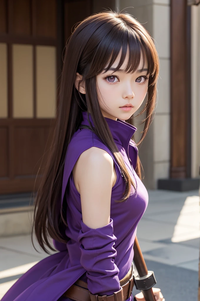 An Asian girl, with medium brown hair, serious purple eyes, not style of SWORD ART ONLINE