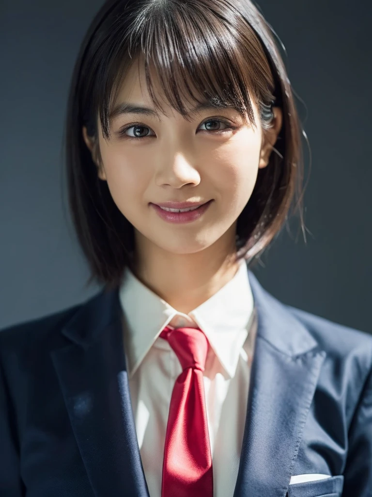 1 girl, (White shirt and red tie, Wearing a navy blue jacket:1.2), Very beautiful Japanese idol portraits,
(RAW Photos, Highest quality), (Realistic, Realistic:1.4), (masterpiece),
Very delicate and beautiful, Very detailed, 2k wallpaper, wonderful, finely, Very detailed CG Unity 8K 壁紙, Very detailed, High resolution, Soft Light,
Beautiful detailed girl, Very detailed目と顔, Beautiful and sophisticated nose, finelyて美しい目, Cinema Lighting,
(Simple light color background:1.3),
(short hair), (bangs),
Complete Anatomy, Slender body, Small , smile