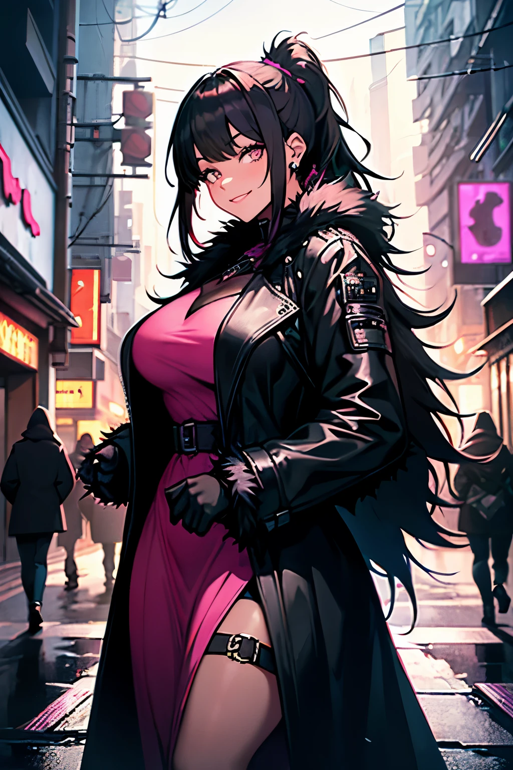 a beautiful gothic woman(plus size) with long black hair (haircut with bangs and ponytail), Latin eyes, smiling sweetly, wearing a stylish cyberpunk neon pink dress and a long fur jacket, Empty background of candlelit medieval street