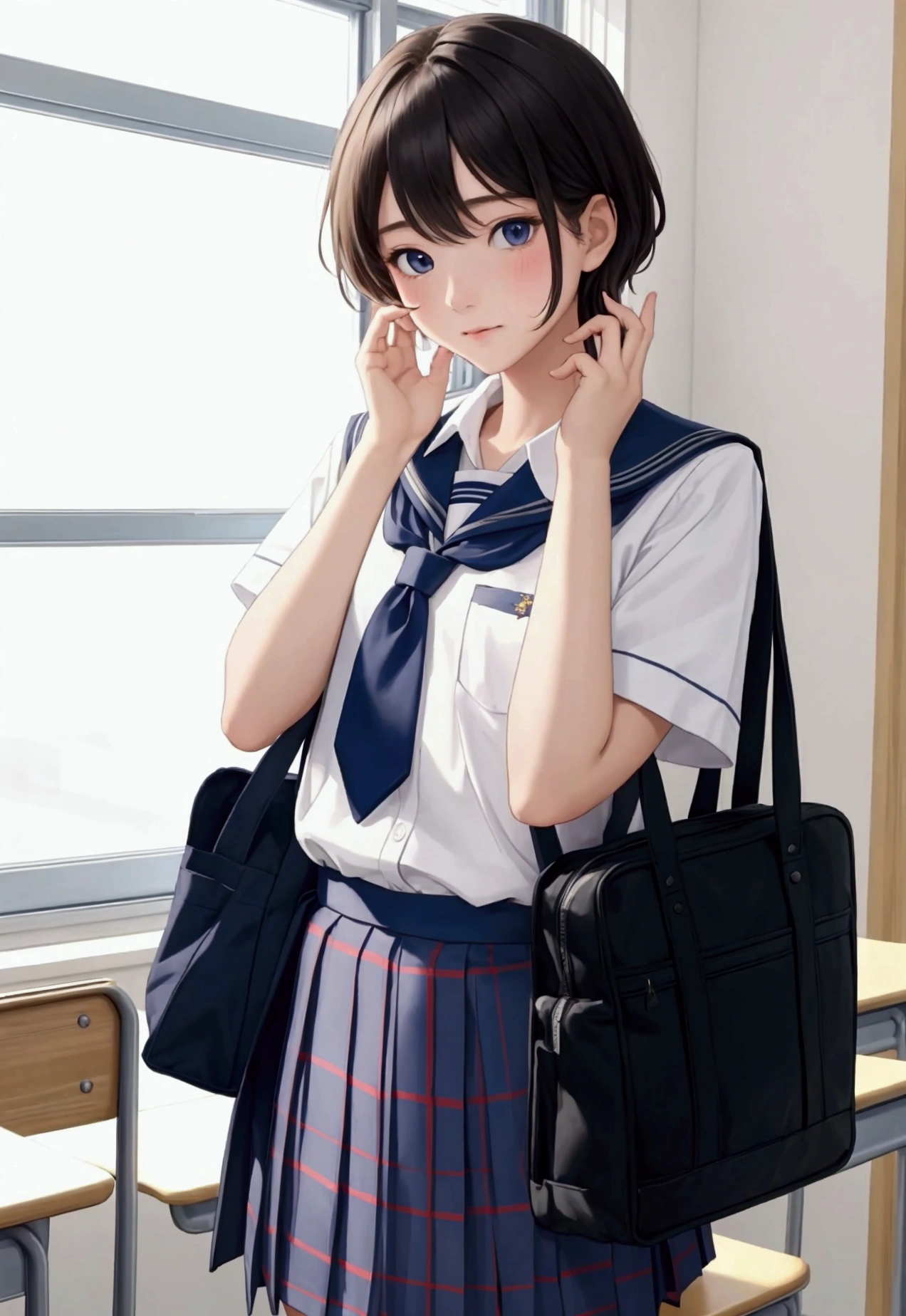 best quality, masterpiece, solo, 1boy, kouhav1, (school uniform), embarrassed, looking at viewer,