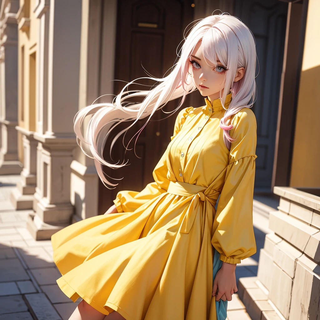 foreground, alone, beautiful girl with White hair and pink locks, dressed In a Yellow dress