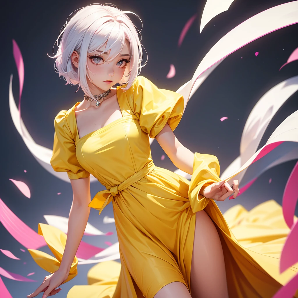 foreground, alone, beautiful girl with White hair and pink locks, dressed In a Yellow dress