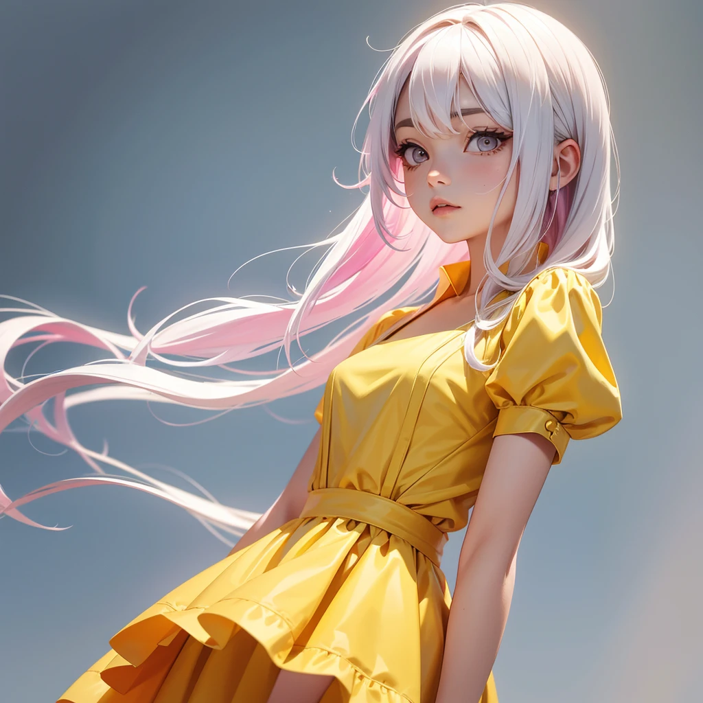 foreground, alone, beautiful girl with White hair and pink locks, dressed In a Yellow dress