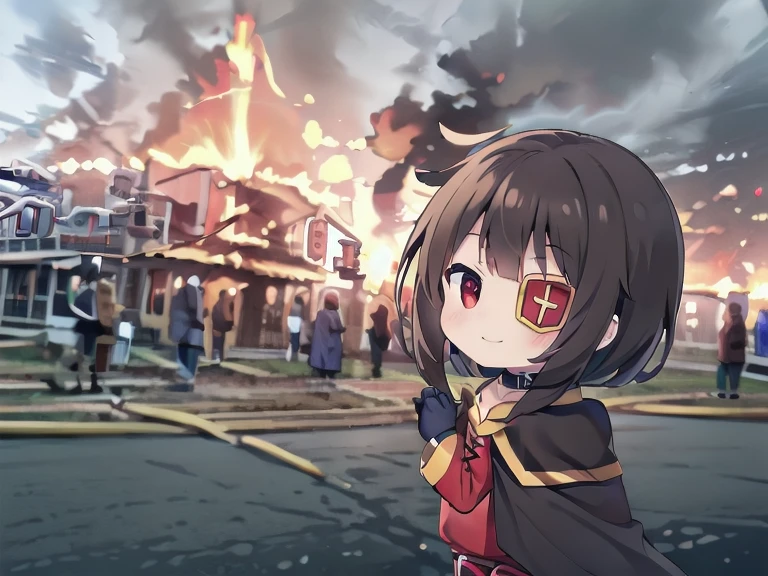 ((masterpiece)), (best quality, highres), 1girl, red eyes,short hair,brown hair,choker,collarbone,eyepatch,short hair with long locks,sidelocks, black cape,black thighhighs,bandages,red dress,black gloves, from behind, looking at viewer, explosion, IncrsDisasterGirlMeme, fire, smile, outdoors, Megumin, (chibi style)