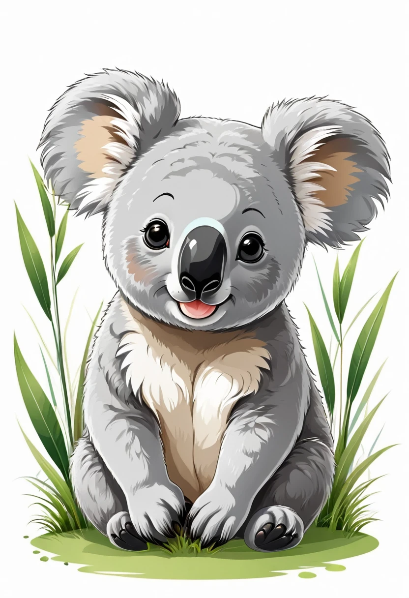 colorful t-shirt design of a cute koala face with round ears and a black nose sitting on the small grass., White background,