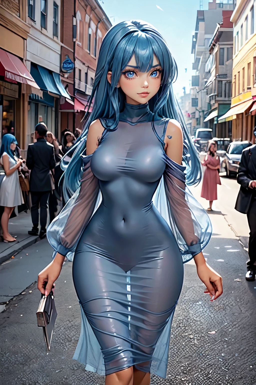 accurate snub nose, (very long strand of hair between eyes:1.3), solo, shy smile, older girl, expressive eyes, looking at viewer, 8k wallpaper, perfect lighting, masterpiece, (Beautiful small Breasts:1.2), (slender girl), bangs between the eyes, (on the street in small town:1.3), summer day, anime style, dark fantasy style, soft facial features, dreamy girl, plump dark pink lips, Engriberts eyebrows, looking at away, in a short silk fitted dress with a large cutout on the chest, pudr3ss, full body shot, sexy girl, high heels, see-through, skintight, latex dress, (blue hair:1.4), long straight hair, (big blue eyes:1.3), nipples trough clothes, no underwear, transparent dress, guipure dress, see-through silhouette, long light airy dress, bottom view