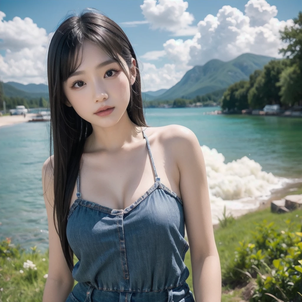 ultra detailed, masterpiece ,high quality, 8k, (upper body:1.5), Girl Standing In Schoolyard, Cumulonimbus clouds floating in the summer sky, (Summer clothes:1.1), (:1.2), (make up:1.1), (Very slim:1.4), Brown eyes