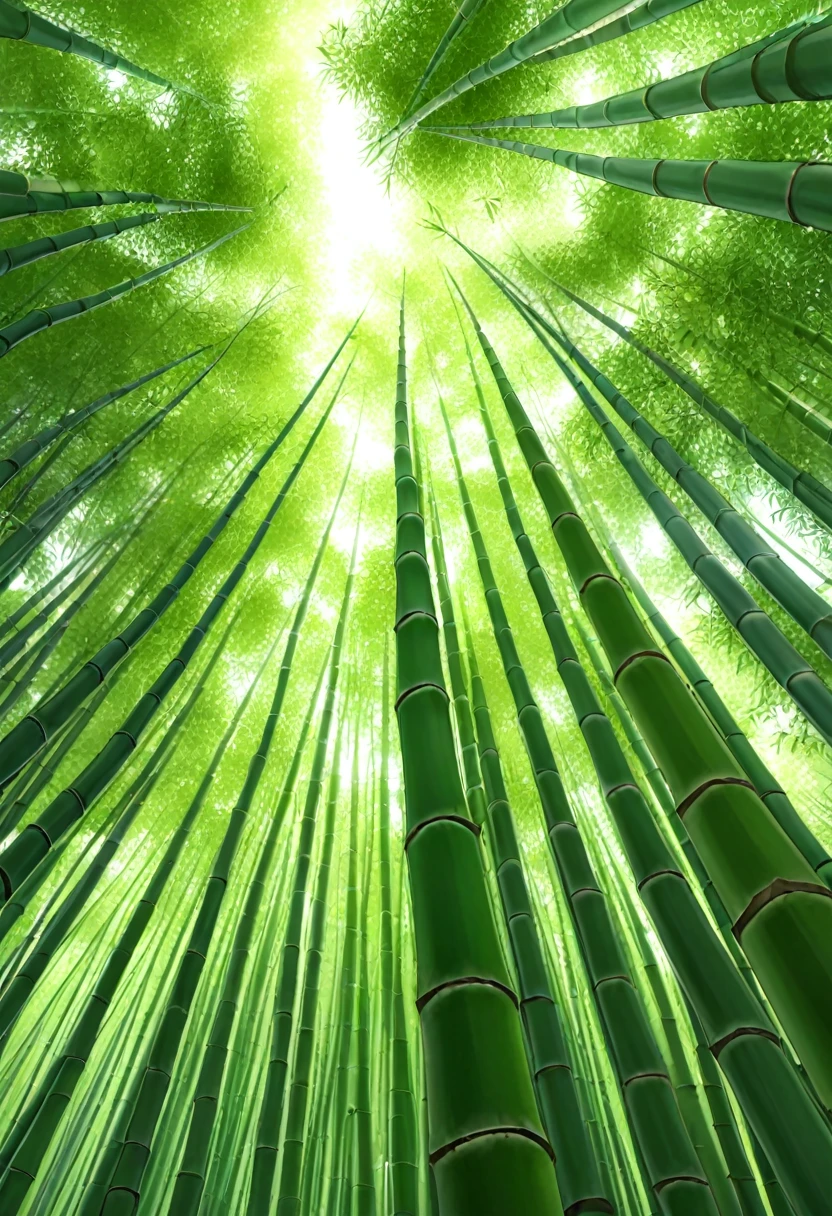 Tall green bamboo in the forest (Clear, bright and high quality) Low-angle shot. Low-angle shot taken from bottom to top.
( Correct and perfect anatomy ) Ultra-detailed animation art and visual effects masters perfectly compose intricately detailed digital art