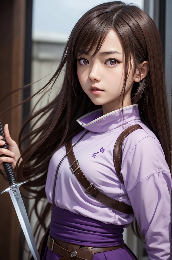 An Asian girl, with medium brown hair, serious purple eyes, not style of SWORD ART ONLINE 