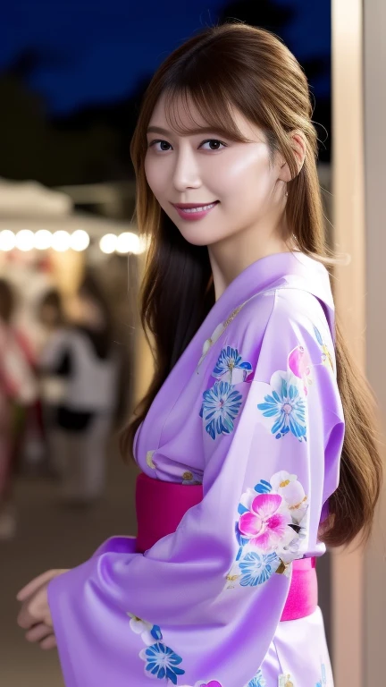 (Highest quality、8k、Award-winning works、Ultra-high resolution)、One beautiful woman、((She is wearing a light purple yukata..)),(blonde:1.1)、Bright color contacts、Perfect Makeup、Bright and shiny lipstick、(Very heavy makeup:1.2)、(Deep pink around the eyes:1.1)、Beautiful bright eyeshadow、Heavy makeup around the eyes、very long wavy hair、(Romantic affection:1.1)、The best smile he had when he saw me、(Background of food stalls lined up at a night festival:1.1)、(Strongly blurred background:1.1)、Accurate anatomy、Ultra HD Hair、(Ultra-high resolutionの完璧な美しい歯:1.1)、Ultra-high definition beauty face、Ultra HD Hair、Ultra HD Shining Eyes、輝くUltra-high resolutionの美肌、Ultra-high resolutionの艶やかな唇,I have a water balloon with a picture on it.,Neon lights are glowing
