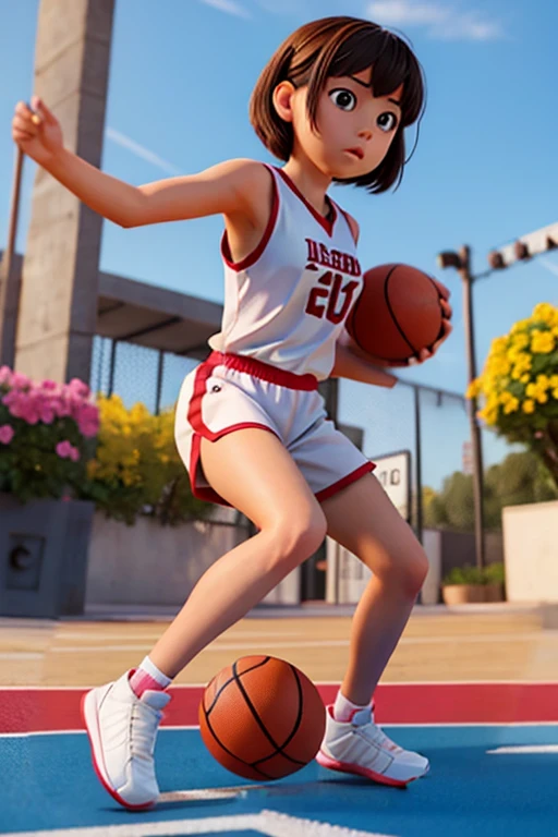 The right leg is raised,Basketball under right leg,Stand on one leg