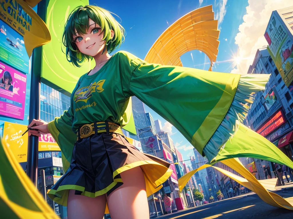 1 female, short green hair, teenager female, smile facial, An artist, colorful background city, Stunning light from distant brightens the scene, paintbrush, colorful clothes, Casts a deep shadow on the clothes, close up, masterpiece