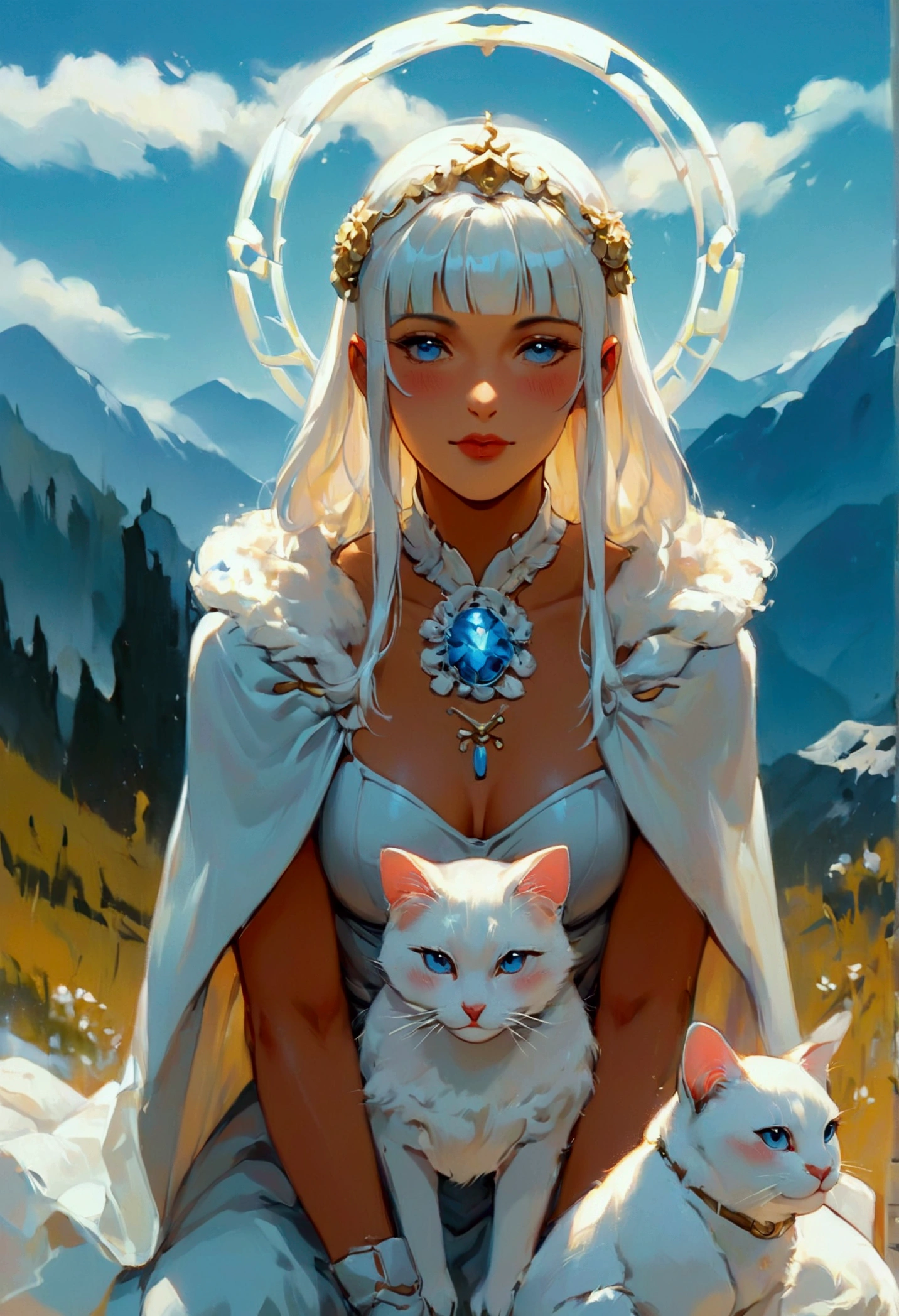 (score_9, score_8_up, score_7_up), zPDXL, 1 girl, alone, looking at viewer, crouching, hands on knees, white cat, mountain background, white hair, blue eyes, full body, long hair, white dress, bright white hair, white halo of light, halo, metallic pendant, blushing cheeks, white cat, mountain with a bit of snow, beautiful girl crouching with a halo of light, retro style, white cape, blunt bangs, white aura,