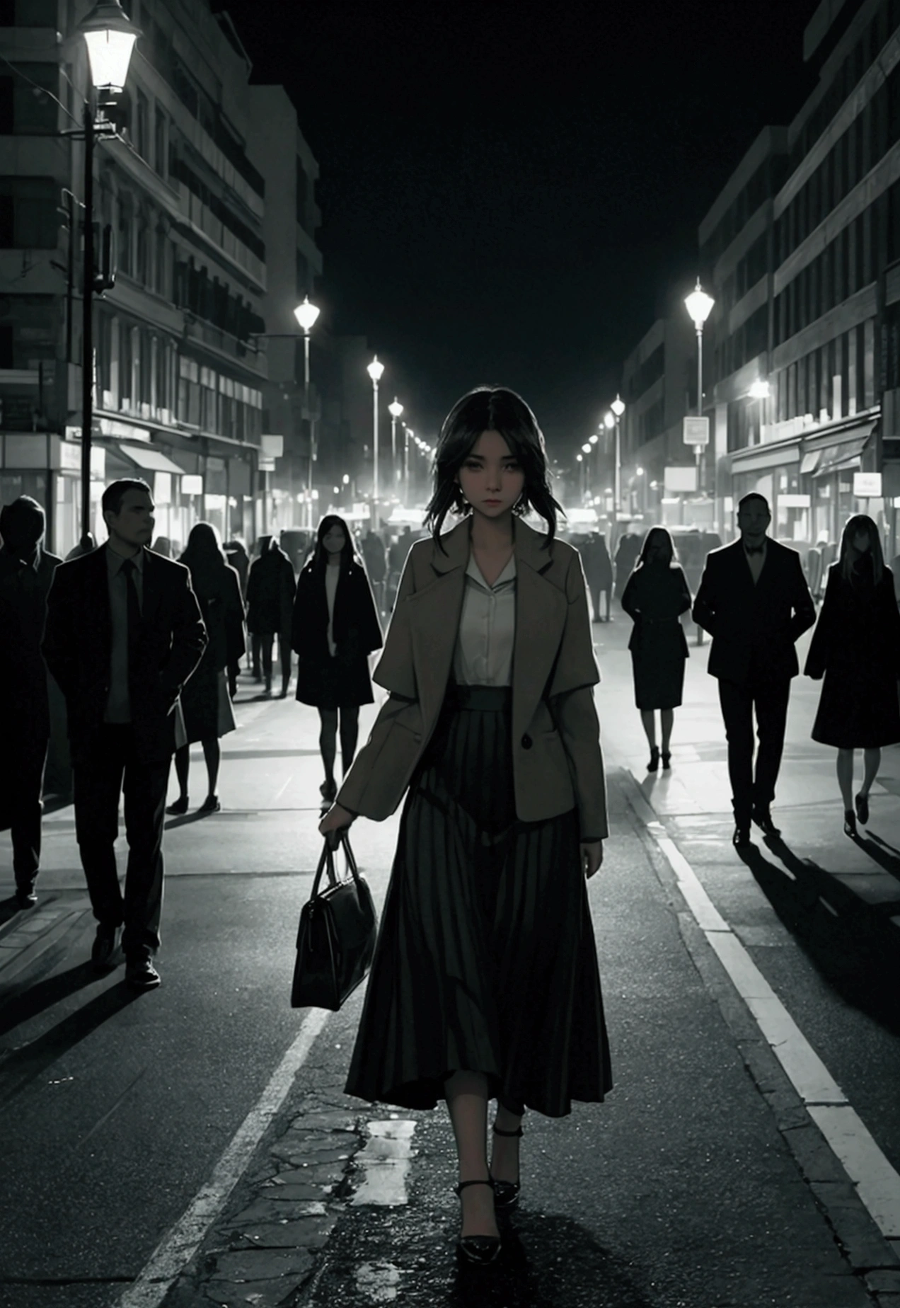 A beautiful girl walking alone at night, street lamps, traffic, crowds, cinematic lighting, moody atmosphere