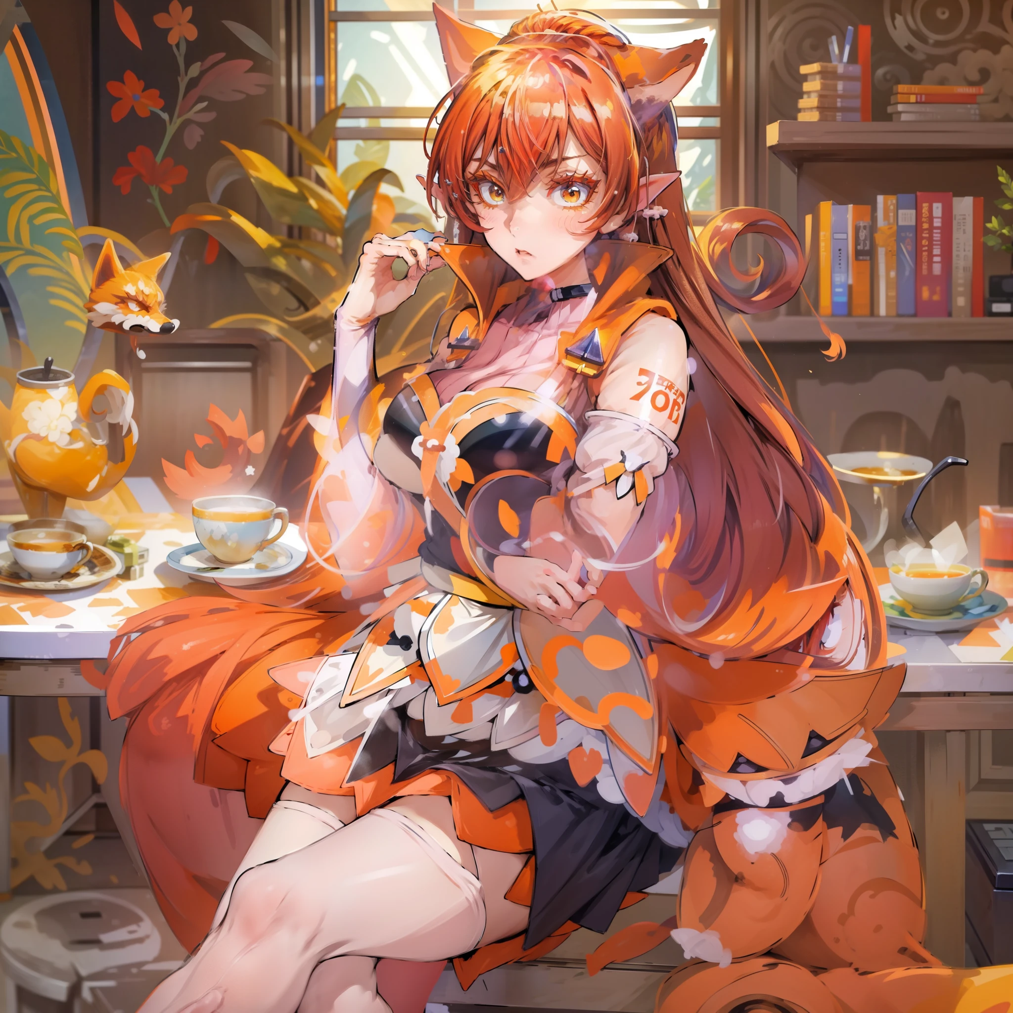 8k, Highly Detailed, Masterpiece, source_anime, best quality, clear face, thoughtful expression face, beautifully detailed eyes and beautifully detailed hair, 1girl, solo, Azazel Ameri, full body, female character with long, flowing, reddish-brown hair and fox-like ears, The character is dressed in a form-fitting, black and white top with a short, orange skirt that has petal-like layers. She is also wearing thigh-high white stockings and orange boots, big breasts, sits in a chair, one leg crossed over the other, there is a tea table next to it, and a mug of tea on the table, The overall color palette includes warm tones, with a focus on the character's vibrant hair and outfit.