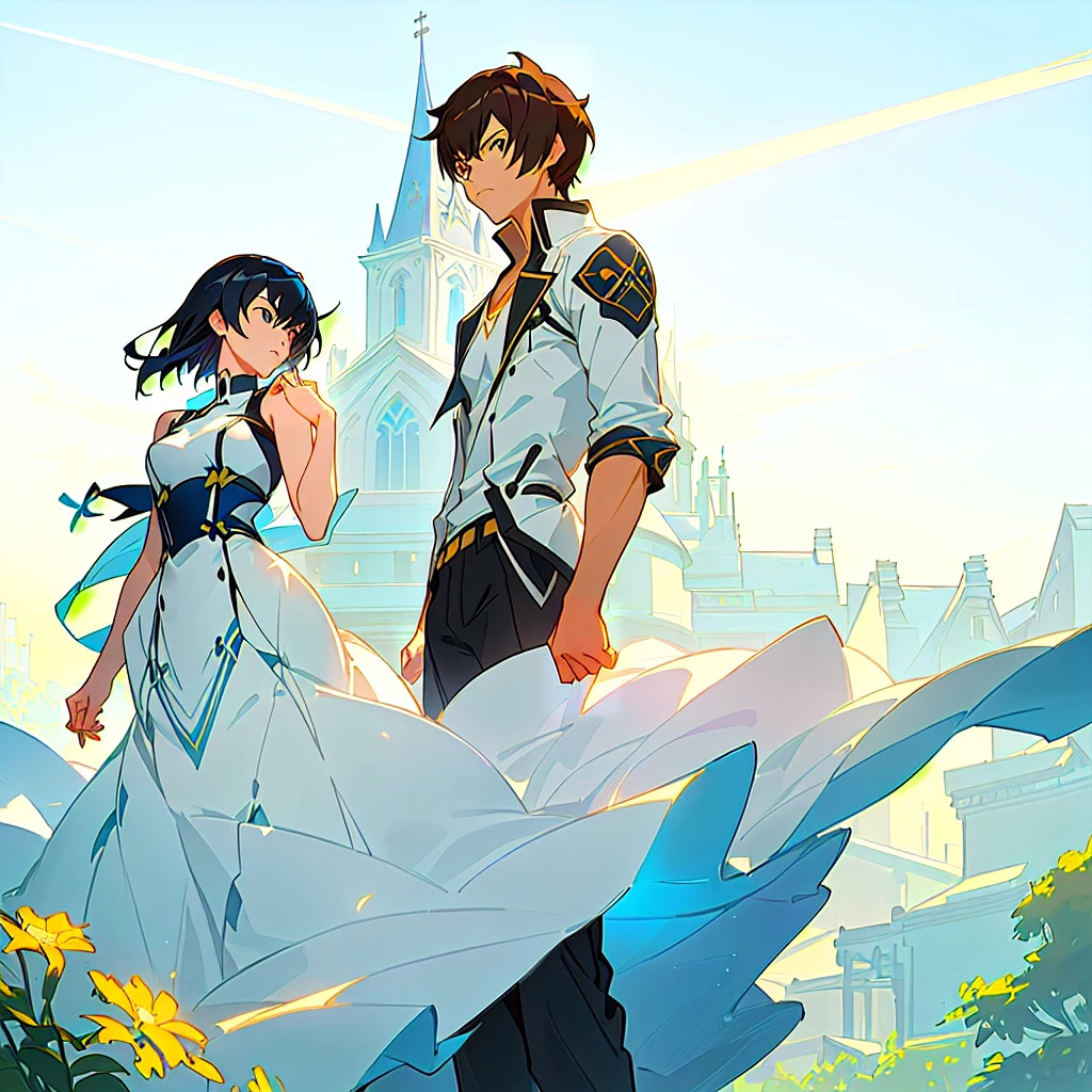 A man and a woman standing in front of the church, guweiz and Shinkai Makoto, ross tran and Shinkai Makoto, guweiz style artwork, in style of Shinkai Makoto, sakimichan and Shinkai Makoto, ( ( Shinkai Makoto ) ), author：Shinkai Makoto