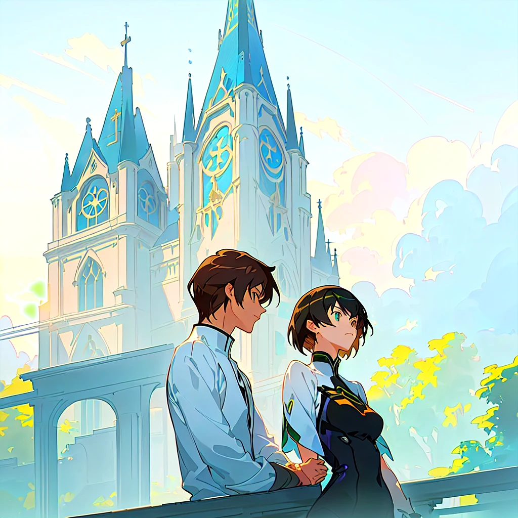 A man and a woman standing in front of the church, guweiz and Shinkai Makoto, ross tran and Shinkai Makoto, guweiz style artwork, in style of Shinkai Makoto, sakimichan and Shinkai Makoto, ( ( Shinkai Makoto ) ), author:Shinkai Makoto