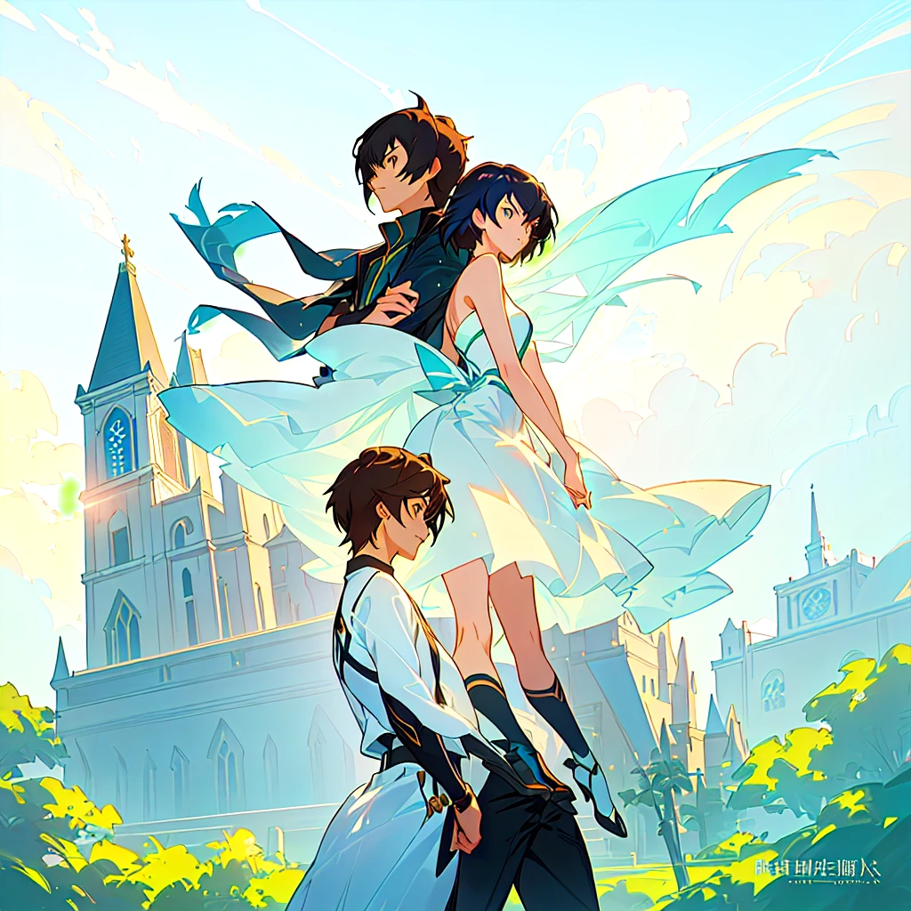 A man and a woman standing in front of the church, guweiz and Shinkai Makoto, ross tran and Shinkai Makoto, guweiz style artwork, in style of Shinkai Makoto, sakimichan and Shinkai Makoto, ( ( Shinkai Makoto ) ), author:Shinkai Makoto