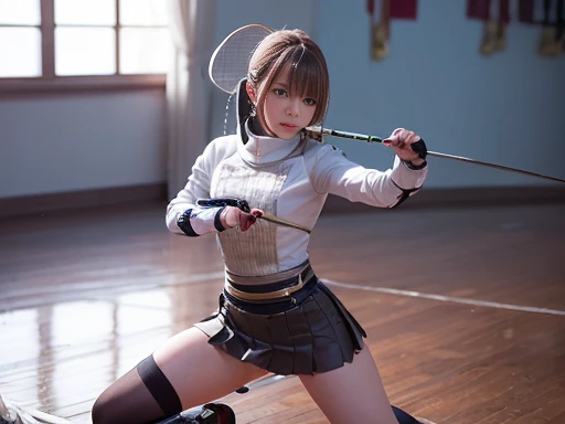 ((Fencing Costume、Fencing Costume、Fencing Cosplay、Fencing Uniforms、Fencer、Mini skirt with slit))、1 girl、Bob Hair、Medium breast、(sword、sabre、foil、Keep)、masterpiece:1.3、Raw photo、Highest quality、Detailed Images、Detailed Background、old castle hall、