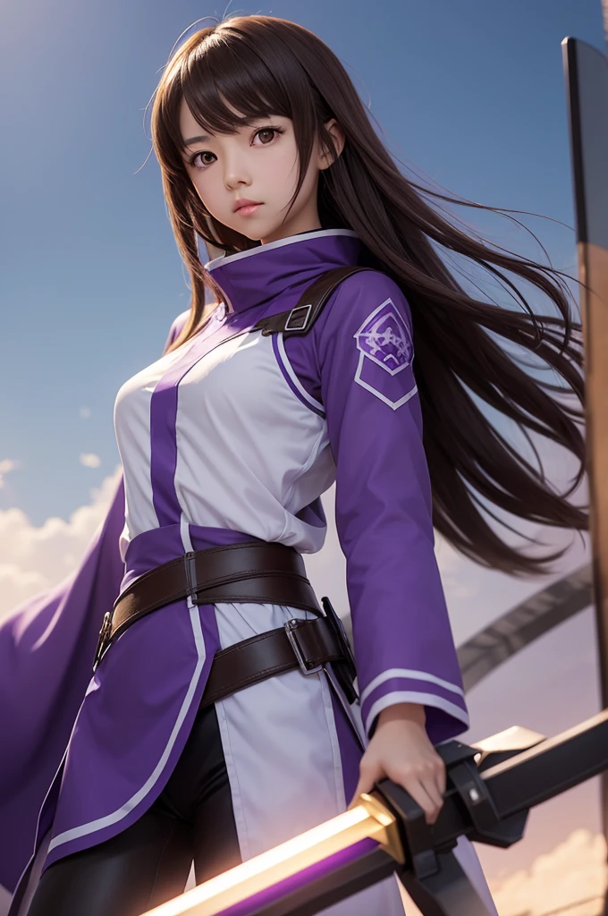 An Asian girl, with medium brown hair, serious purple eyes, in the style of the anime SWORD ART ONLINE