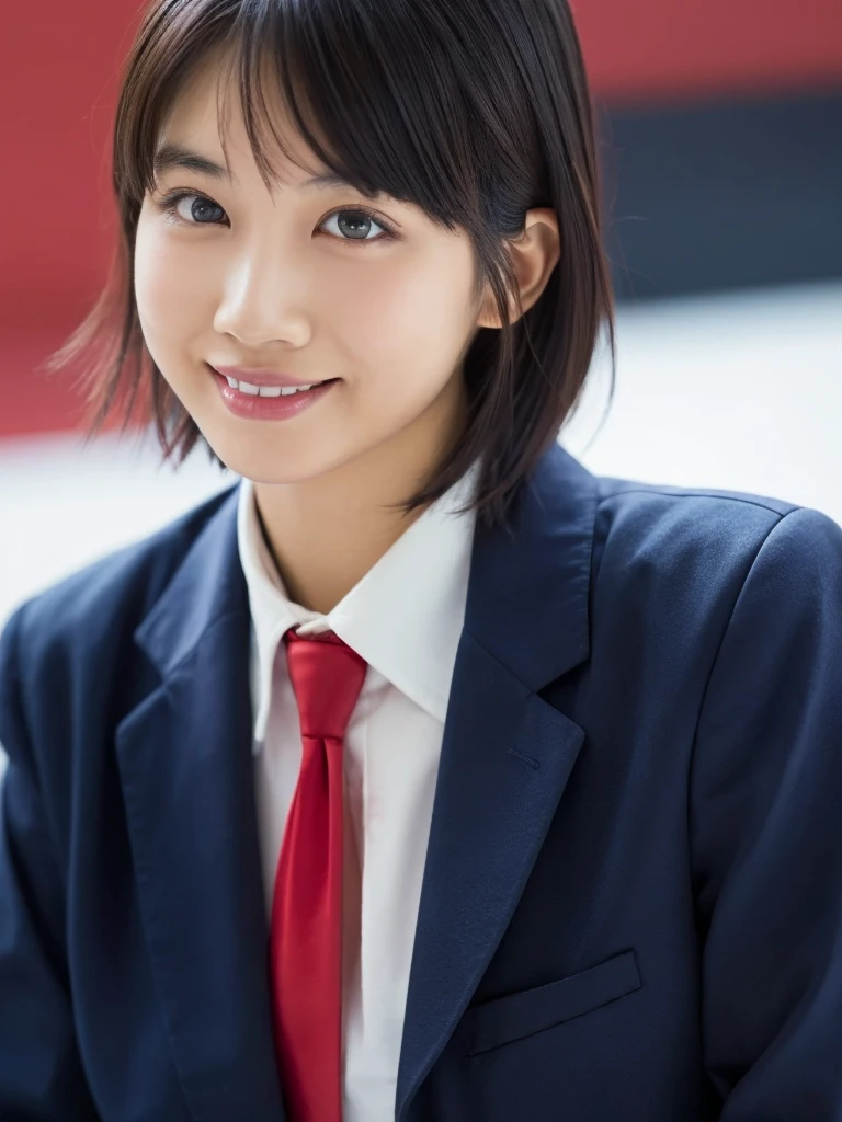 1 girl, (White shirt and red tie, Wearing a navy blue jacket:1.2), Very beautiful Japanese idol portraits, 
(RAW Photos, Highest quality), (Realistic, Realistic:1.4), (masterpiece), 
Very delicate and beautiful, Very detailed, 2k wallpaper, wonderful, finely, Very detailed CG Unity 8K 壁紙, Very detailed, High resolution, Soft Light, 
Beautiful detailed girl, Very detailed目と顔, Beautiful and sophisticated nose, finelyて美しい目, Cinema Lighting, 
(Simple light color background:1.3),
(short hair), (bangs), 
Complete Anatomy, Slender body, Small breasts, smile