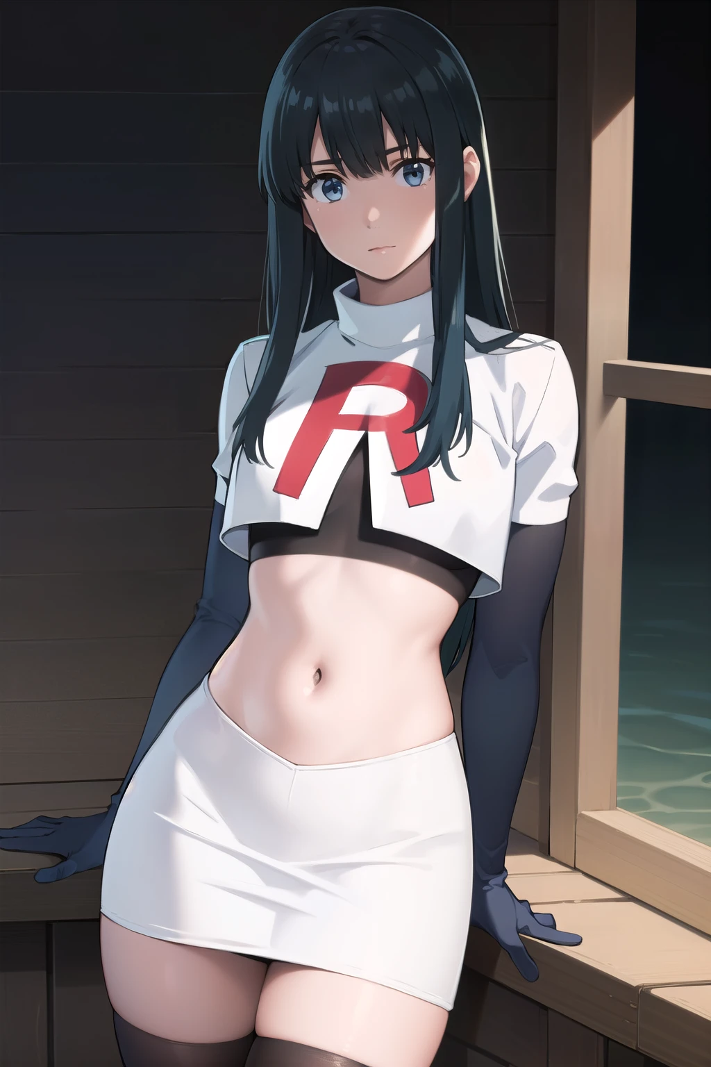 photorealistic, (4k), depth of field, (Masterpiece), (realistic skin texture), extremely detailed, intricate, hyper detailed, professional photography, bokeh, high resolution, sharp detail, best quality, girl, long hair, black hair, bangs, blue eyes, , team rocket,team rocket uniform,white skirt,red letter R,crop top,black thigh-highs,black elbow gloves