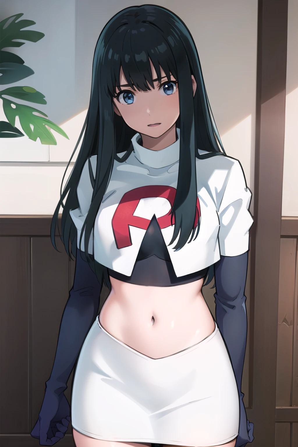 photorealistic, (4k), depth of field, (Masterpiece), (realistic skin texture), extremely detailed, intricate, hyper detailed, professional photography, bokeh, high resolution, sharp detail, best quality, girl, long hair, black hair, bangs, blue eyes, , team rocket,team rocket uniform,white skirt,red letter R,crop top,black thigh-highs,black elbow gloves