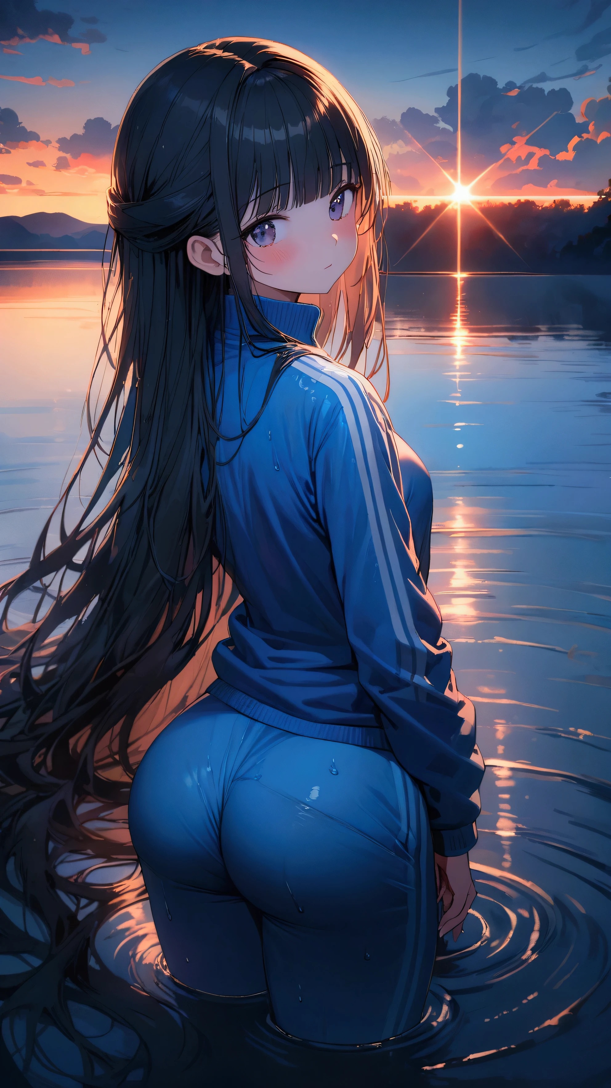 Highest quality,8k,Highly detailed CG unit wallpaper,masterpiece:1.2,top-quality,Ultra-high resolution,RAW Photos,real texture skin,Cinema Lighting,(beautiful girl: 1.3), (((Long hair with bangs))),Black Hair,Looks about 15 years old,(Blue sweatpants:1.3), (Blue Track Jacket:1.3),Rear View,A waterway with a dazzling sunset,A little wet,(((Big round beautiful ass))),(((Floating sprawling on the lake)))