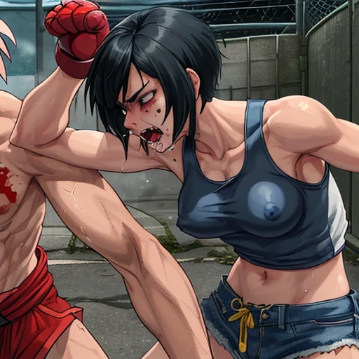 a male streetfighter is punching into female streetfighter's body so hard in the backstreet. a bloody beautiful young Japanese female fighter is being beated terribly by a male fighter. She is cornered on the fences by the male. Blood is dripping from her nose. She is covered in scars and bruises. she is damaged terribry. Short-cut black hair, out of breath, drooling from mouth, crying, exhausted, drenched in sweat. Erect nipples. open finger glove. tanktop, denimshorts