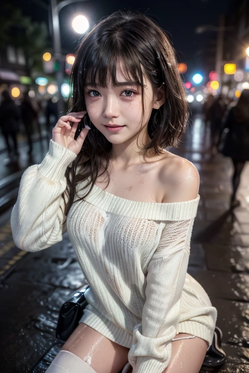high quality, detailed,a girl with white water drops on her face.she is taking a shower,lots of white water droplets.(at night:2.0),green eyes.she is japanese bitch gal,stg prostitute,she hander her eye,(smallest breasts),(wearing long sleersized sweater dress,offshoulder,very very wet thin fabric sweater,),blunt bangs,((bob hair,very wet hair and wet face,shiny face)),((wearing overknee socks)),slender,face up,nipples,temptation,orgasm,(huge sm(she has a small ba(Downtown at night、Big city、A street corner in the red light district at night、crowd street、lots of passersby、)(Angle from the side)