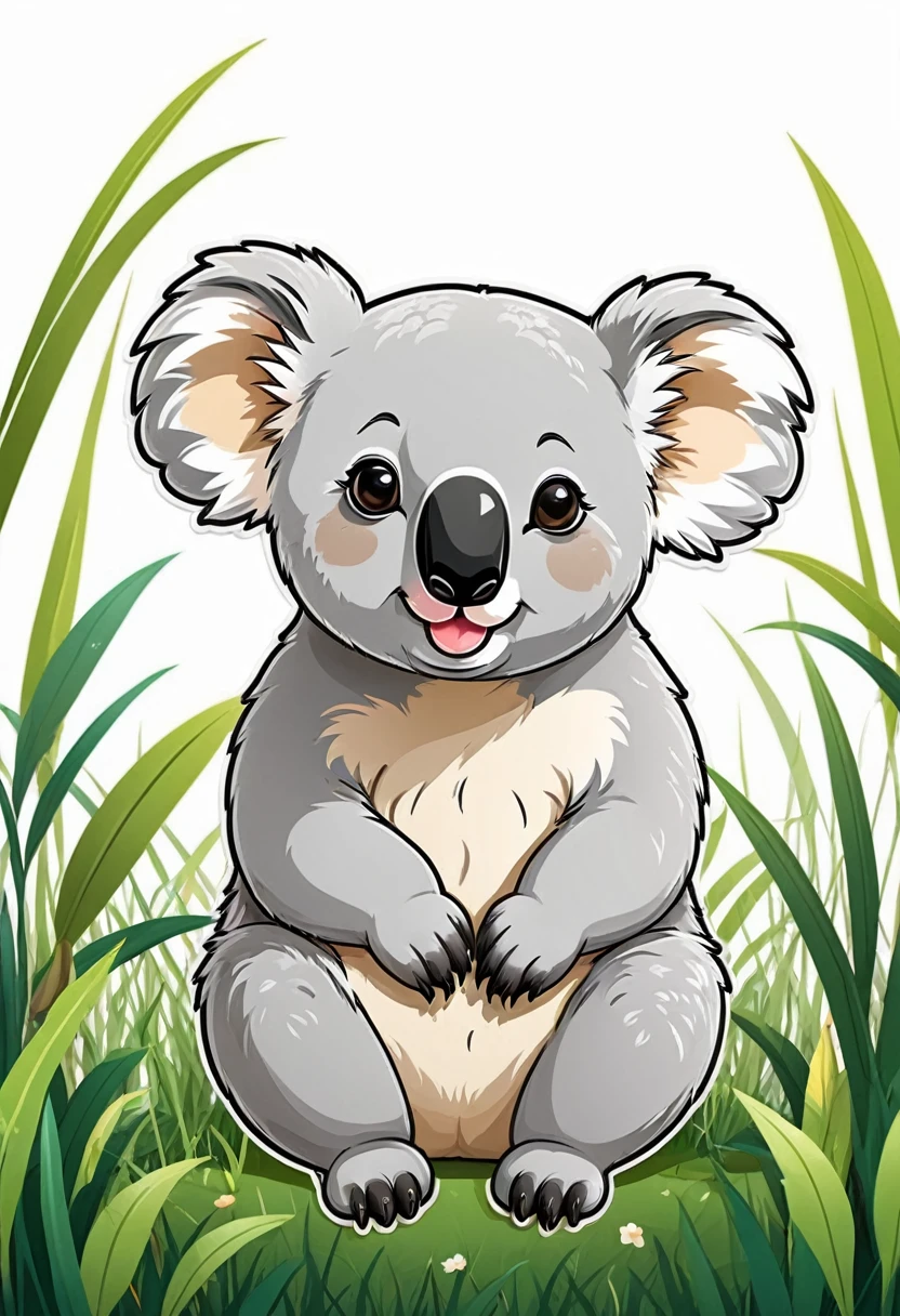 colorful sticker design of a cute koala face with round ears and a black nose sitting on the small grass., White background,