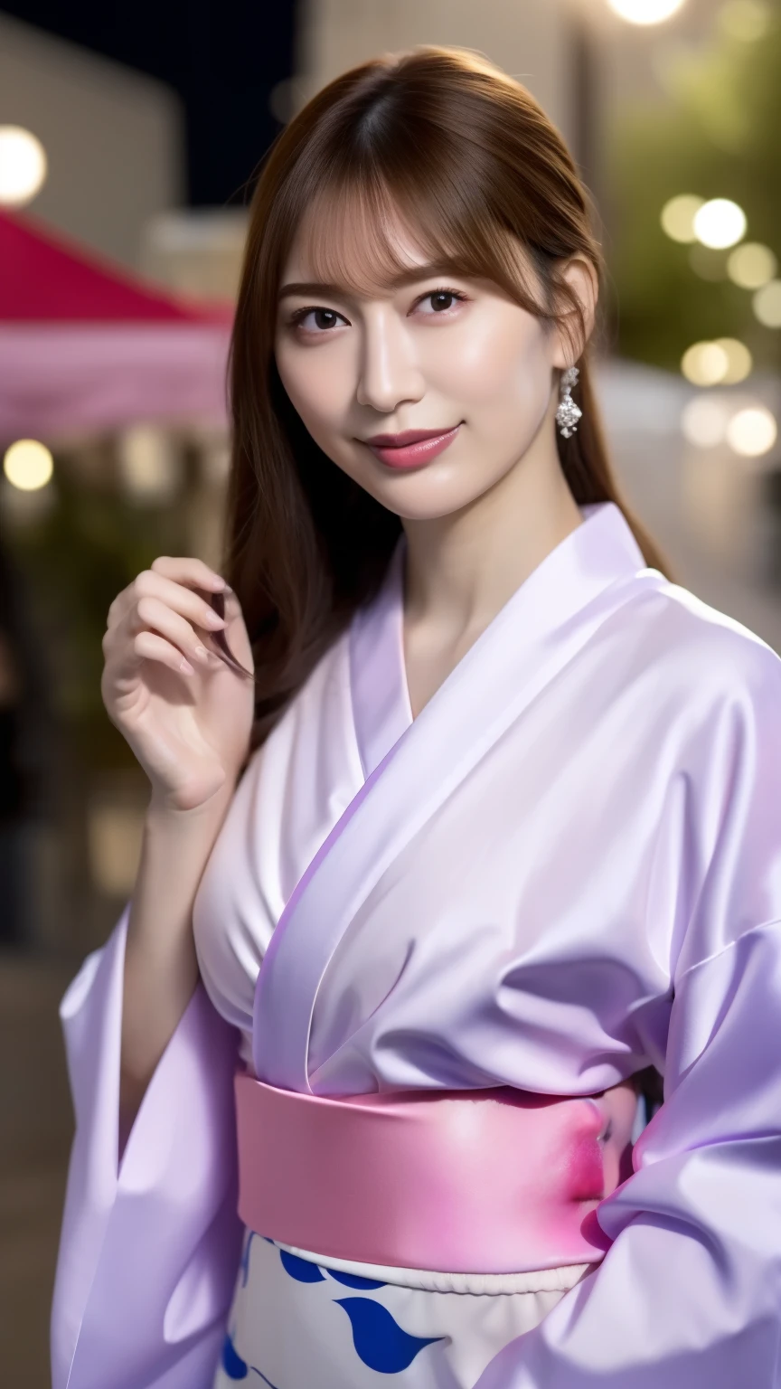 (Highest quality、8k、Award-winning works、Ultra-high resolution)、One beautiful woman、((She is wearing a light purple yukata..)),(blonde:1.1)、Bright color contacts、Perfect Makeup、Bright and shiny lipstick、(Very heavy makeup:1.2)、(Deep pink around the eyes:1.1)、Beautiful bright eyeshadow、Heavy makeup around the eyes、very long wavy hair、(Romantic affection:1.1)、The best smile he had when he saw me、(Background of food stalls lined up at a night festival:1.1)、(Strongly blurred background:1.1)、Accurate anatomy、Ultra HD Hair、(Ultra-high resolutionの完璧な美しい歯:1.1)、Ultra-high definition beauty face、Ultra HD Hair、Ultra HD Shining Eyes、輝くUltra-high resolutionの美肌、Ultra-high resolutionの艶やかな唇,I have a water balloon with a picture on it.,Neon lights are glowing
