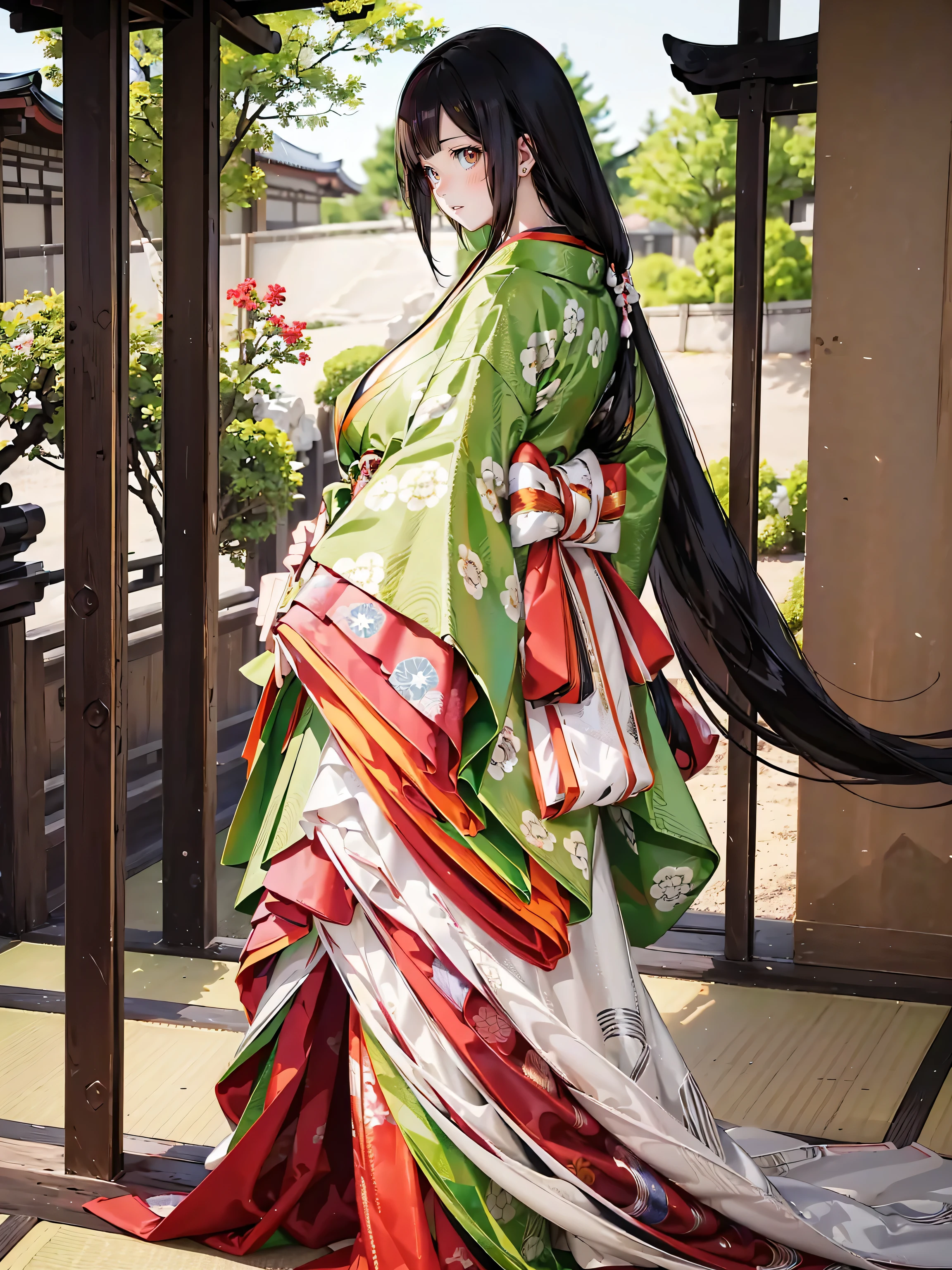 ((ultra detailed, exquisite quality, absolutely resolution)), (anime moe art style), (solo japanese girl:1.3), (Straight long hair, Shiny and glossy black hair:1.3), Karaginu jacket, Long hakama, The cuffs and chest of the five-piece garment, Wearing Imperial Kimono, Imperial Patterns, (huge ), (from front), (cowboy shot), (caustics), (sharp focus), (isometric 3D, Octane Render), ((photorealistic background)),