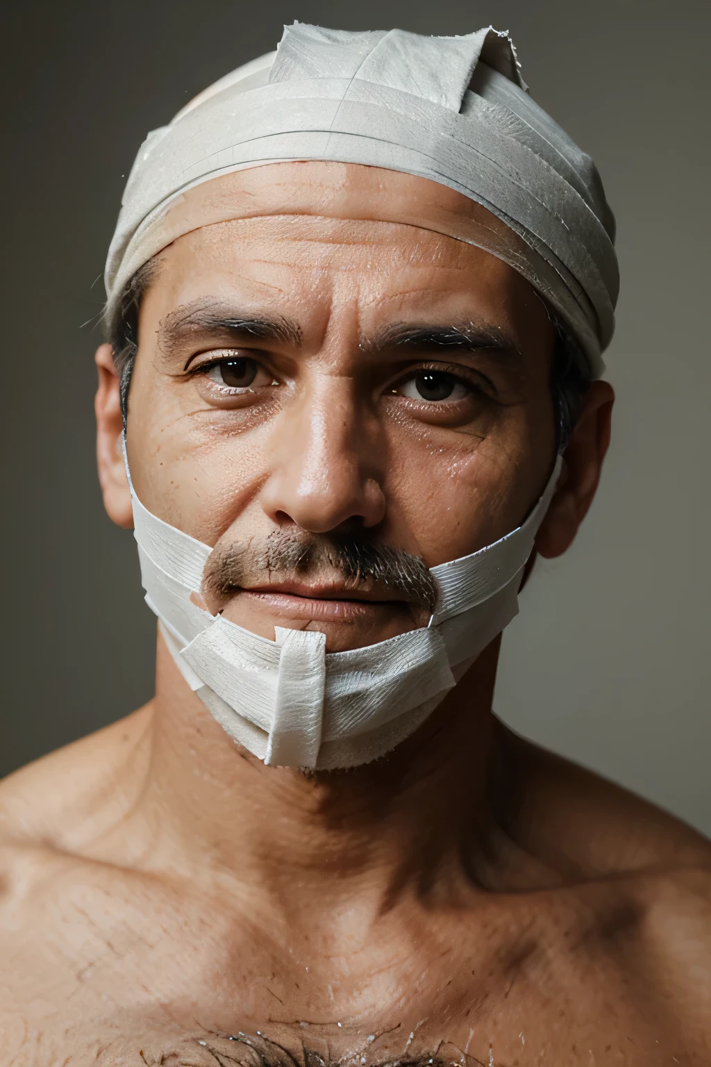 A 60-year-old man without a beard, full face, with a bandaged head