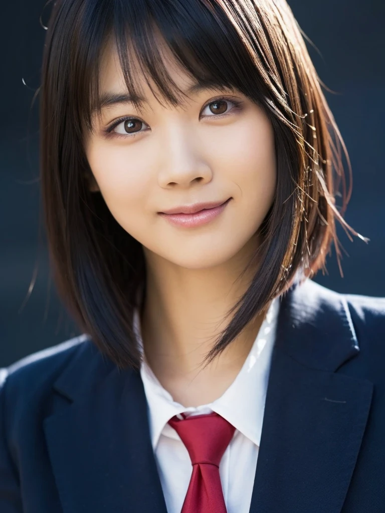 1 girl, (White shirt and red tie, Wearing a navy blue jacket:1.2), Very beautiful Japanese idol portraits, 
(RAW Photos, Highest quality), (Realistic, Realistic:1.4), (masterpiece), 
Very delicate and beautiful, Very detailed, 2k wallpaper, wonderful, finely, Very detailed CG Unity 8K 壁紙, Very detailed, High resolution, Soft Light, 
Beautiful detailed girl, Very detailed目と顔, Beautiful and sophisticated nose, finelyて美しい目, Cinema Lighting, 
(Simple light color background:1.3),
(short hair), (bangs), 
Complete Anatomy, Slender body, Small breasts, smile