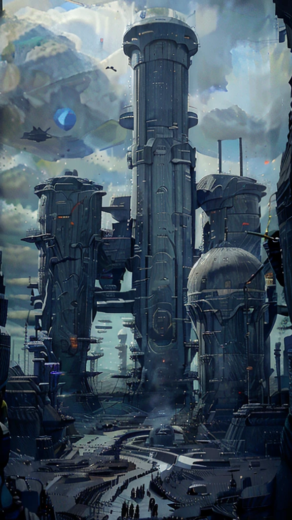 Silence, the capital of the Empire of Silence, a planet covered in fortified cities and huge control towers, in a distant future, with the bustle of citizens and imperial soldiers moving between the colossal structures, futuristic and military clothing with dark and metallic tones, on a background of monolithic architecture with cloudy skies and spaceships flying overhead, Hyperrealistic style, photorealistic and cinematic, in the radius of 916.