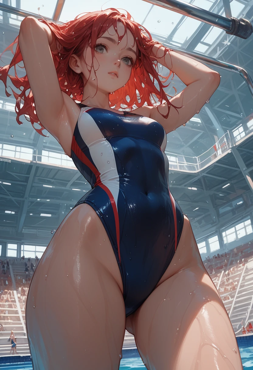 score_9, score_8_up, score_7_up, score_6_up, anime style, anime_source, best quality, 1girl, large hips, small waist, Olympic diver, swimsuit, standing on a diving tower, from below, swim arena, red hair, wet hair, arms raised