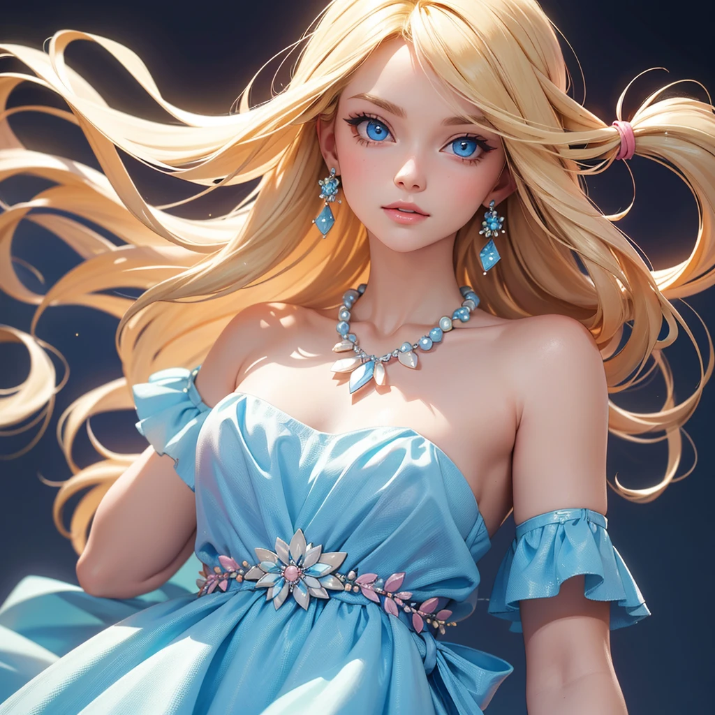 Close-up, pretty blonde-haired woman with blue eyes, a small pink and light blue beaded necklace, and a blue strapless dress