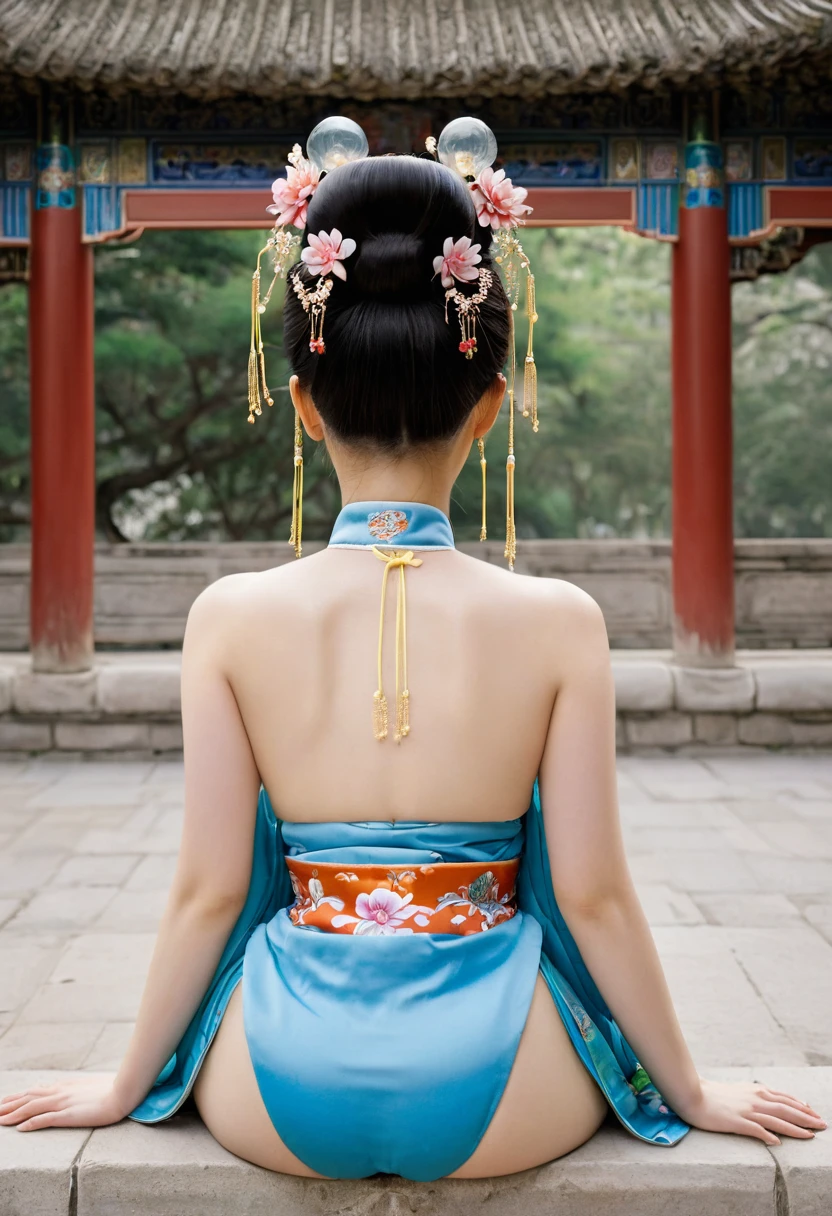 The image of a Qing Dynasty Empress with her bare buttocks visible. The background is the stone paving outside a Chinese palace during the Qing Dynasty. Only her large buttocks are sticking out. She is either wearing underwear or not. Her protruding buttocks are floating up in the air.
Her hair is decorated with a large flower ornament and a large crown.
The back of the hair is tied up and up. Erotic Woman