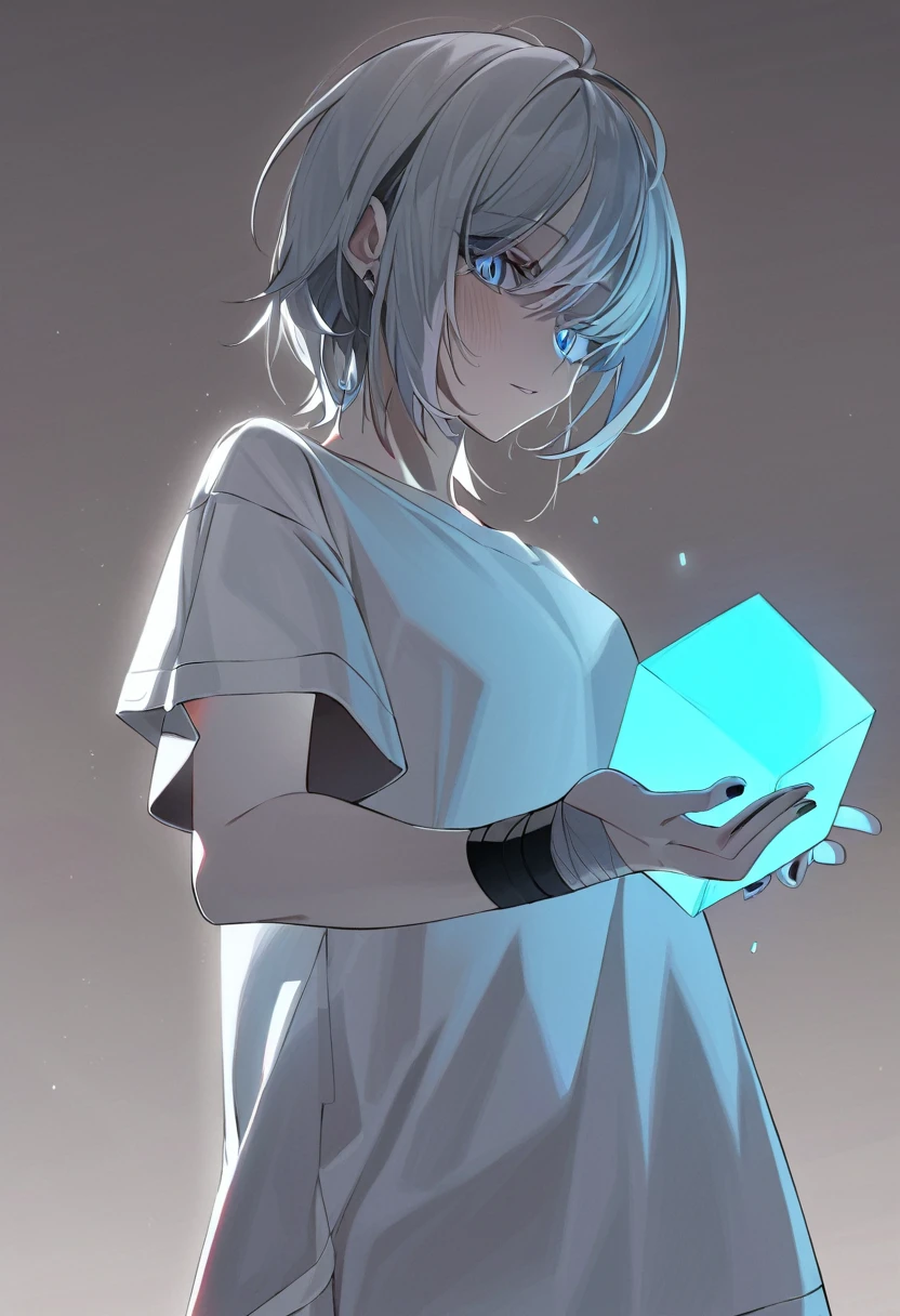 Bandage on wrist,Oversized T-shirt,Holding a cube in his right hand,The cube emits a pale blue light.,Grey Haired Girl,