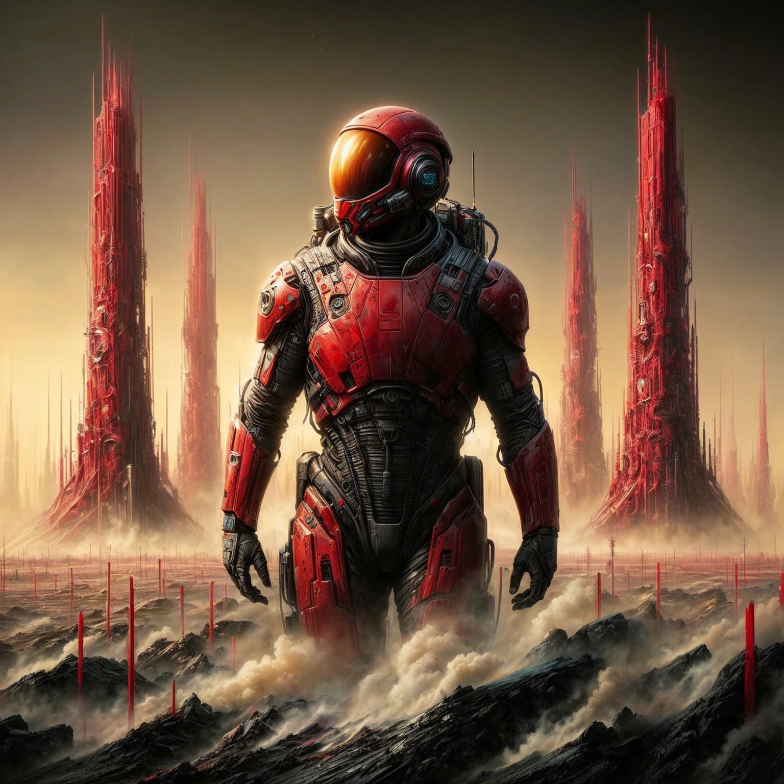 a close up of a sci - fiction scene with a man in a red suit, sci - fi art, sci-fi art, sci fi art, sci - fi artwork, sci-fi artwork, sci fi artwork, greg beeple, detailed sci-fi art, science fiction art, award winning scifi art, sci-fi illustrations