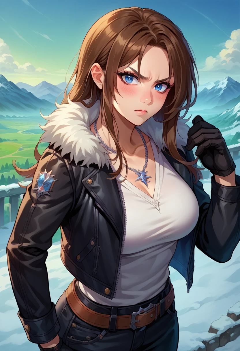 score_9, score_8_up, score_7_up, 1girl, solo, (female:1.5),female focus, female body, squall, necklace, brown hair, long hair, gloves, white shirt, blue eyes, shirt, black gloves, jacket, black jacket, fur trim jacket, black pants, belt,breasts, scar, diagonal scar, scar on face, parted bangs, angry, blushing,without jacket, holding own jacket, standing, landscape,